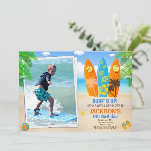 フォトサーフィン誕生日の招待サーフボード招待状 招待状 (スタンド正面)