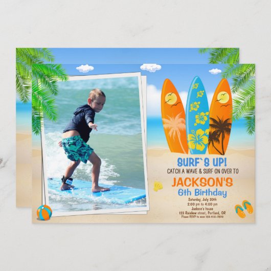 フォトサーフィン誕生日の招待サーフボード招待状 招待状 (正面/裏面)