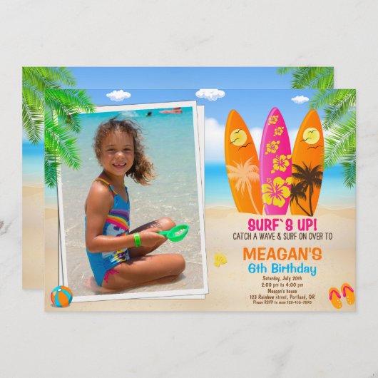 フォトサーフィン誕生日の招待Surfs upパーティー 招待状 (正面/裏面)