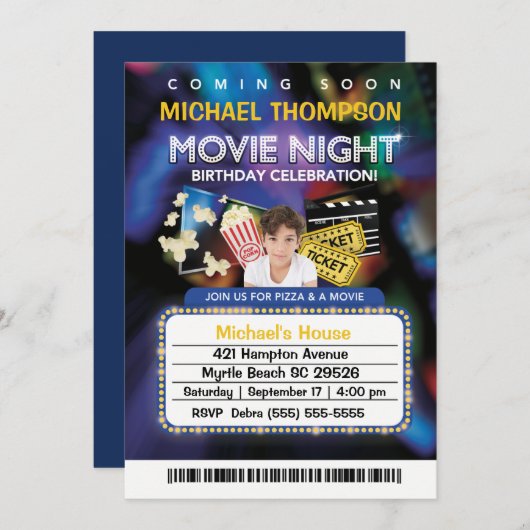 フォトシアタームービーマーキー誕生日パーティー 招待状 (正面/裏面)