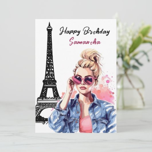 フォトシックエッフェルタワーシックガールパリ誕生日 カード (スタンド正面)