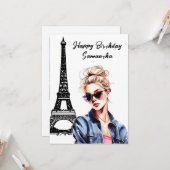 フォトシックエッフェルタワーシックガールパリ誕生日 カード (正面/裏面インサイチュ)