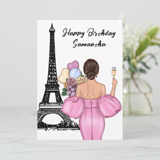 フォトシックエッフェルタワーピンクガールパリ誕生日 カード (スタンド正面)