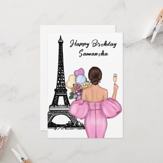 フォトシックエッフェルタワーピンクガールパリ誕生日 カード (正面/裏面インサイチュ)