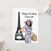 フォトシックエッフェルタワーフランスのガールパリ誕生日 カード (正面/裏面インサイチュ)