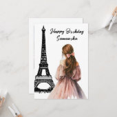 フォトシックエッフェルタワーボウガールパリ誕生日 カード (正面/裏面インサイチュ)