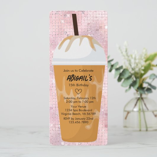 フォトシックトレンディーグラムピンクアイスコーヒー誕生日 招待状 (スタンド正面)
