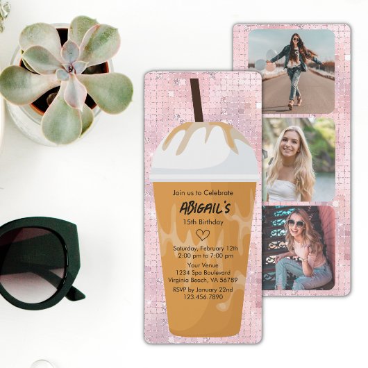 フォトシックトレンディーグラムピンクアイスコーヒー誕生日 招待状