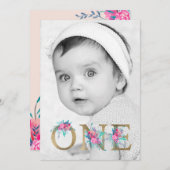 フォトシック金ゴールドフローラレター1st誕生日赤面 招待状 (正面/裏面)