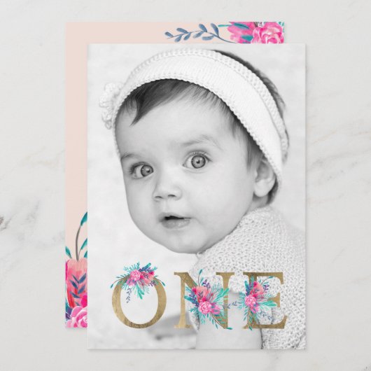 フォトシック金ゴールドフローラレター1st誕生日赤面 招待状 (正面/裏面)