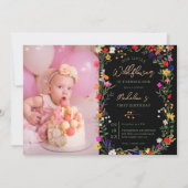 フォトシックboho明るい野生の花1st誕生日 招待状 (正面)