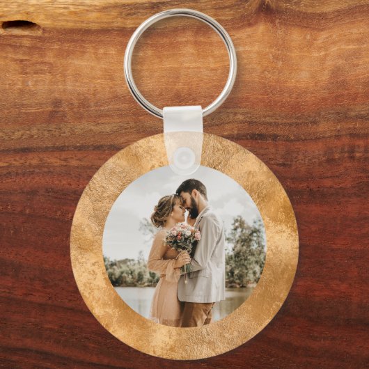 フォトシパーソナライズされたック白金ゴールド結婚ズミニマル キーホルダー (正面)