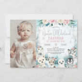 フォトシルバーアークティックウィンターオネダーランド誕生日 招待状 (正面)