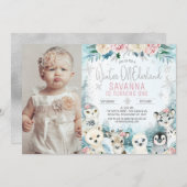 フォトシルバーアークティックウィンターオネダーランド誕生日 招待状 (正面/裏面)