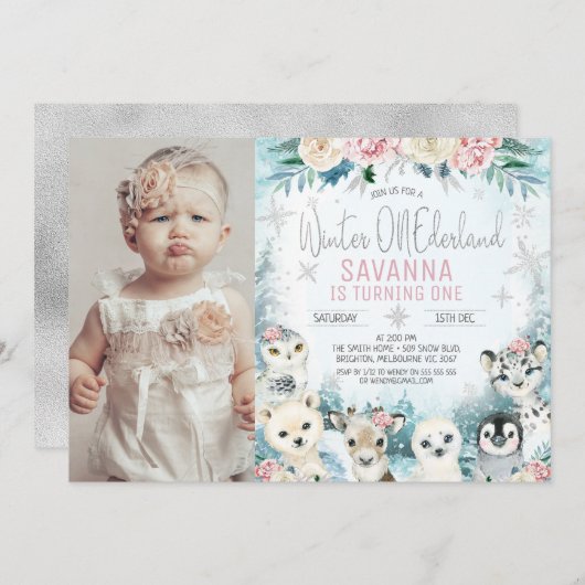 フォトシルバーアークティックウィンターオネダーランド誕生日 招待状 (正面/裏面)