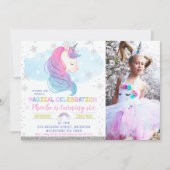 フォトシルバーウィンターユニコーンレインボー誕生日 招待状 (正面)