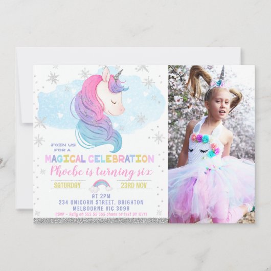 フォトシルバーウィンターユニコーンレインボー誕生日 招待状 (正面)