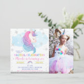フォトシルバーウィンターユニコーンレインボー誕生日 招待状 (スタンド正面)