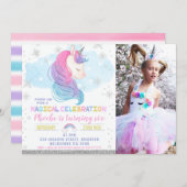 フォトシルバーウィンターユニコーンレインボー誕生日 招待状 (正面/裏面)
