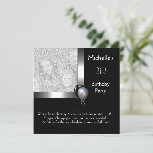 フォトシルバーエレガントブラックバルーン21歳の誕生日 招待状 (スタンド正面)