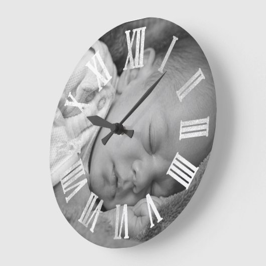 フォトシルバーグレー新生児シャワーギフトガールボーイ ラージ壁時計 (傾斜)