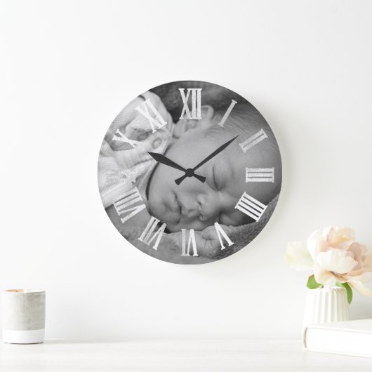 フォトシルバーグレー新生児シャワーギフトガールボーイ ラージ壁時計 (ホーム)