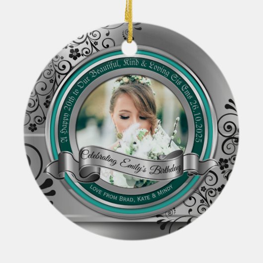 フォトシルバーフローリッシュバエレガントナーターコイズ セラミックオーナメント (裏面)