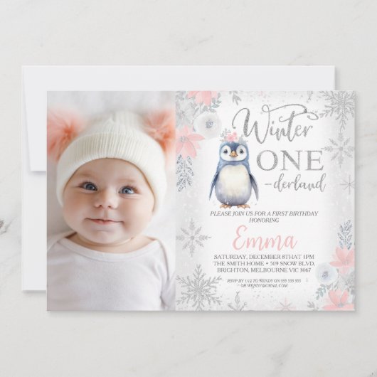 フォトシルバーペンギンウィンターオネダーランド誕生日 招待状 (正面)