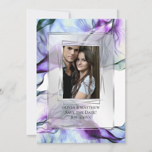 フォトシルバー枠抽象芸術梅ティール（緑がかった色）流しインキ 招待状 (正面)