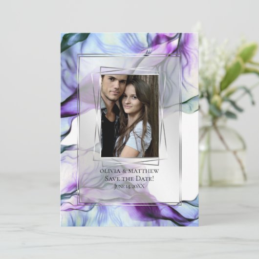 フォトシルバー枠抽象芸術梅ティール（緑がかった色）流しインキ 招待状 (スタンド正面)