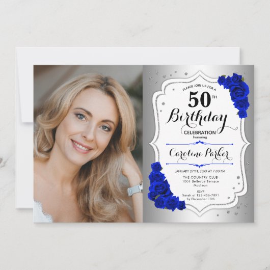 フォトシルバー王室のホワイトブルー50誕生日 招待状 (正面)