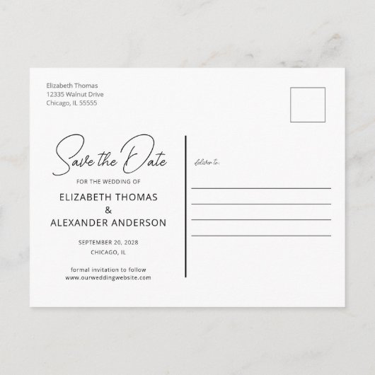 フォトシンプルエレガントスクリプトの発表葉書 案内ポストカード (裏面)