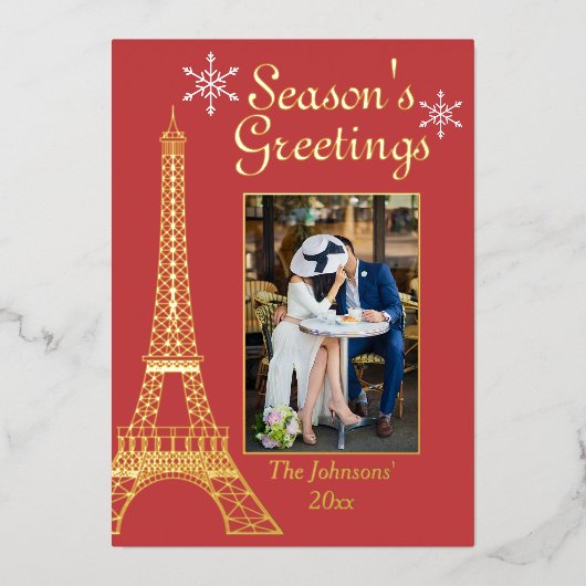 フォトシーズンの挨拶レッドカップルのクリスマス 箔シーズンカード (正面)