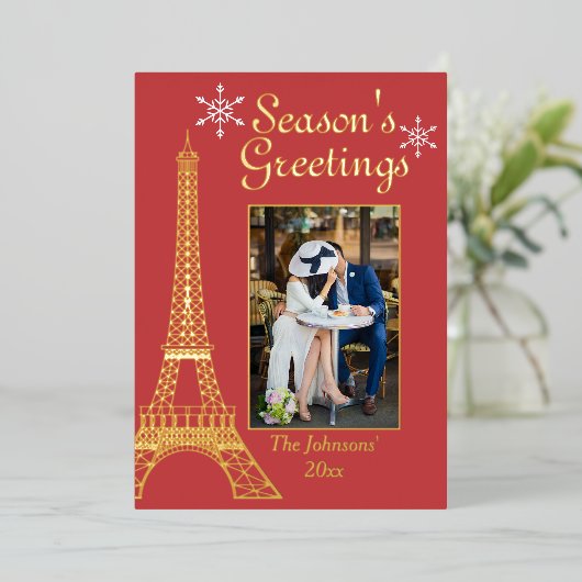 フォトシーズンの挨拶レッドカップルのクリスマス 箔シーズンカード (立ち正面)