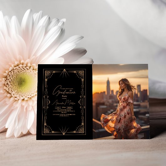 フォトジオメトリックブラック金ゴールドギャツビー卒業 招待状