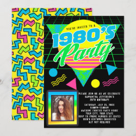 フォトジオメトリック1980sレトロ80s誕生日パーティー 招待状