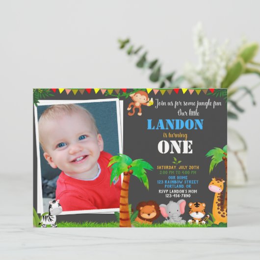 フォトジャングルの最初の誕生日の招待状 招待状 (スタンド正面)