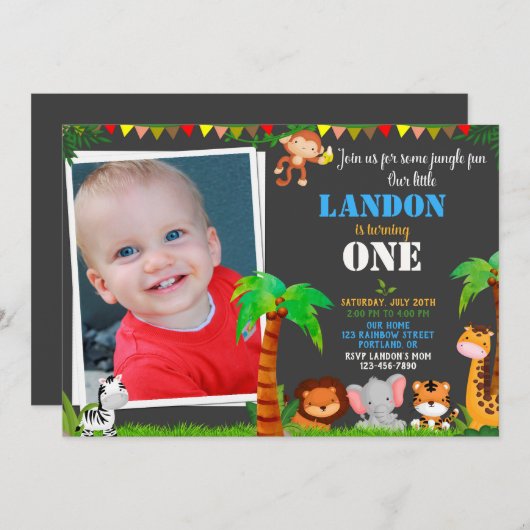 フォトジャングルの最初の誕生日の招待状 招待状 (正面/裏面)