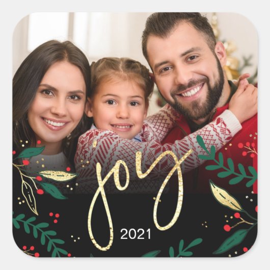 フォトジョイブラックレッドグリーン金ゴールドグリーンクリスマス スクエアシール (正面)