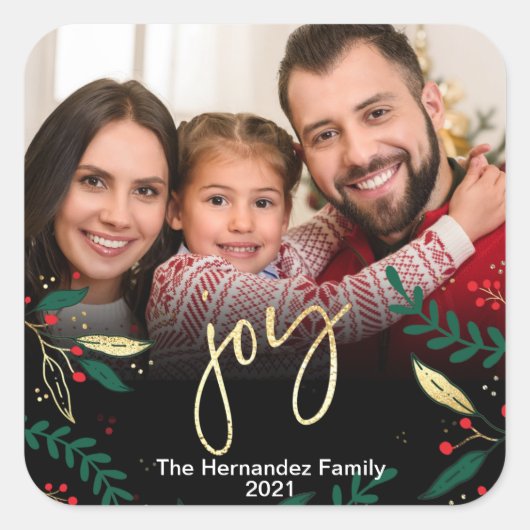 フォトジョイブラックレッドグリーン金ゴールドグリーンクリスマス スクエアシール (正面)