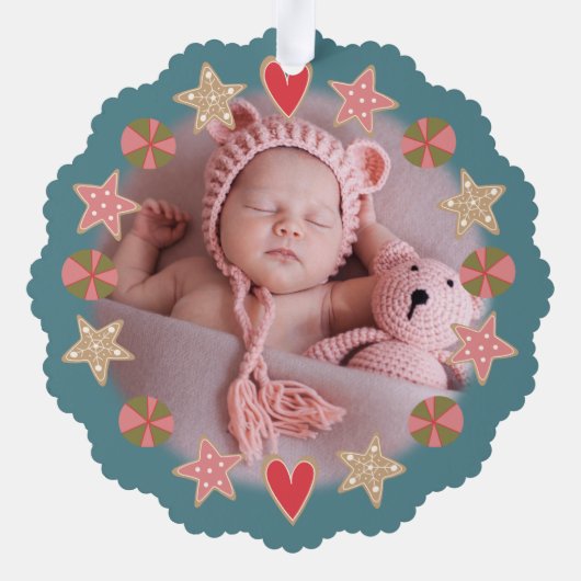 フォトジンジャーブレッドスウィートホリデーウィズグリーンブルー オーナメントカード (裏面)