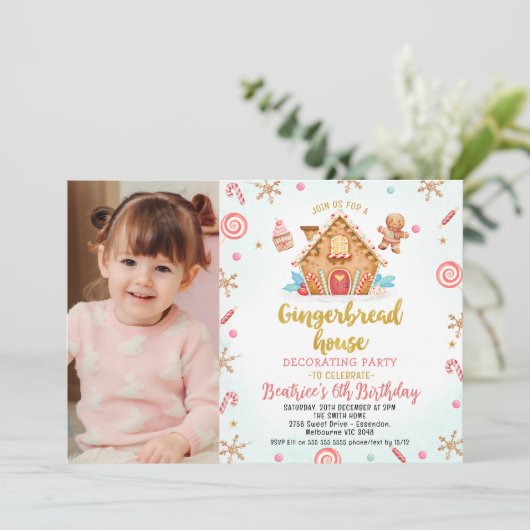 フォトジンジャーブレッ飾ドハウスのパーティー誕生日 招待状 (スタンド正面)