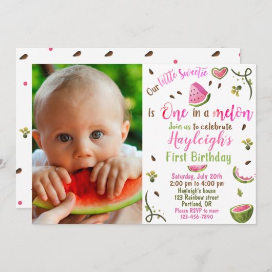 フォトスイカ誕生日の招待1歳の誕生日 招待状 (正面/裏面)
