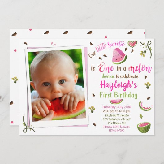 フォトスイカ誕生日の招待1歳の誕生日 招待状 (正面/裏面)