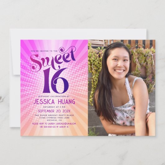 フォトスイート16グルーヴィーピンクオレンジ色グラデーションレトロ 招待状 (正面)