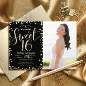 フォトスイート16モダン金ゴールドブラックグリッター誕生日 招待状