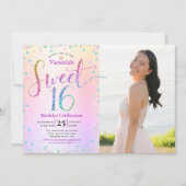フォトスイート16レインボーグリッターホイルグラデーション誕生日 招待状 (正面)