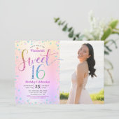 フォトスイート16レインボーグリッターホイルグラデーション誕生日 招待状 (スタンド正面)