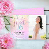 フォトスイート16レインボーグリッターホイルグラデーション誕生日 招待状