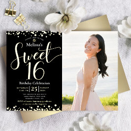 フォトスイート16誕生日モダンブラック実在金ゴールド 箔招待状